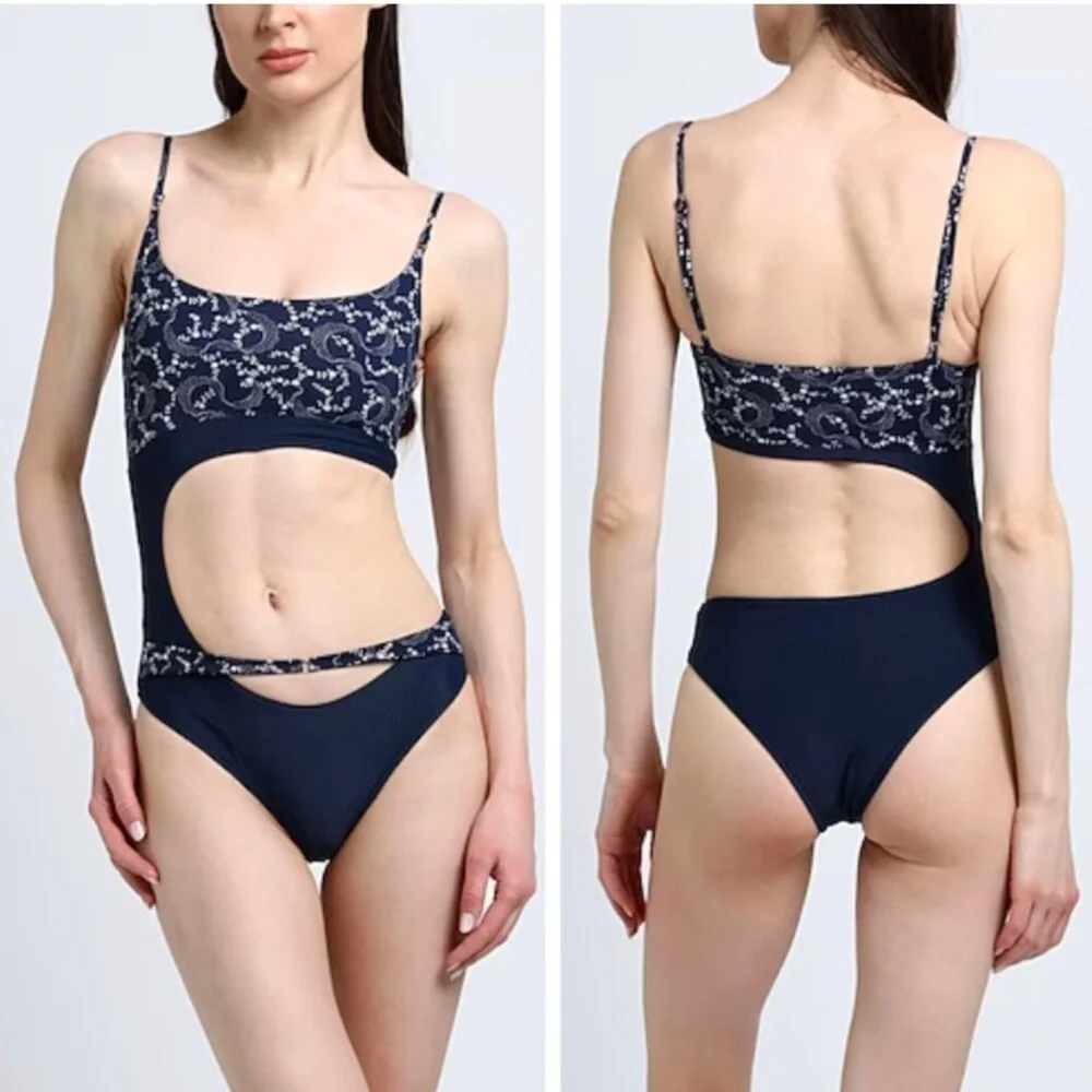 New! Frankie’s Bikinis Thea Ribbed One-piece Swimsuit navy blue 24128